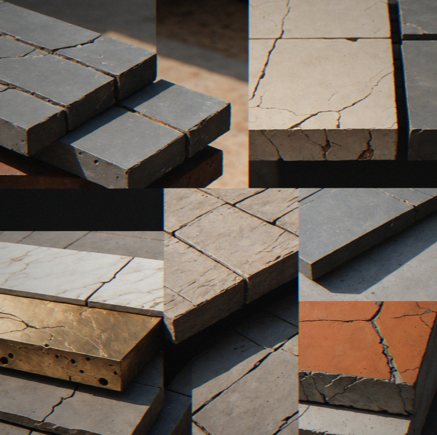 Four material samples arranged in era sequence: weathered timber plank, polished marble chunk, rust-edged iron plate, smooth concrete block