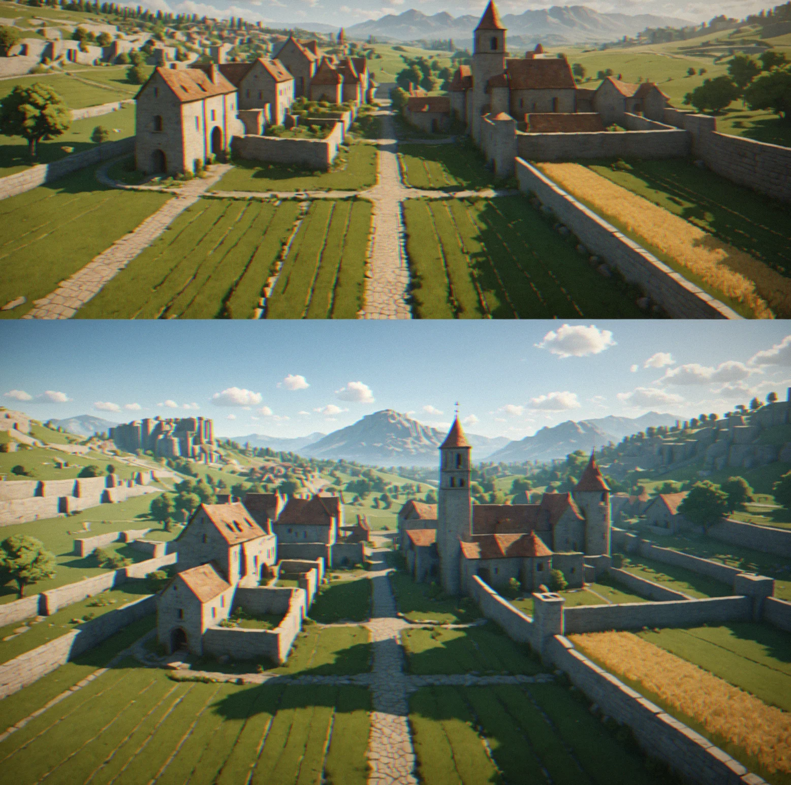 Split-screen comparison showing same district with defensive tower reducing crops on left, and open farmland with lower militia strength on right
