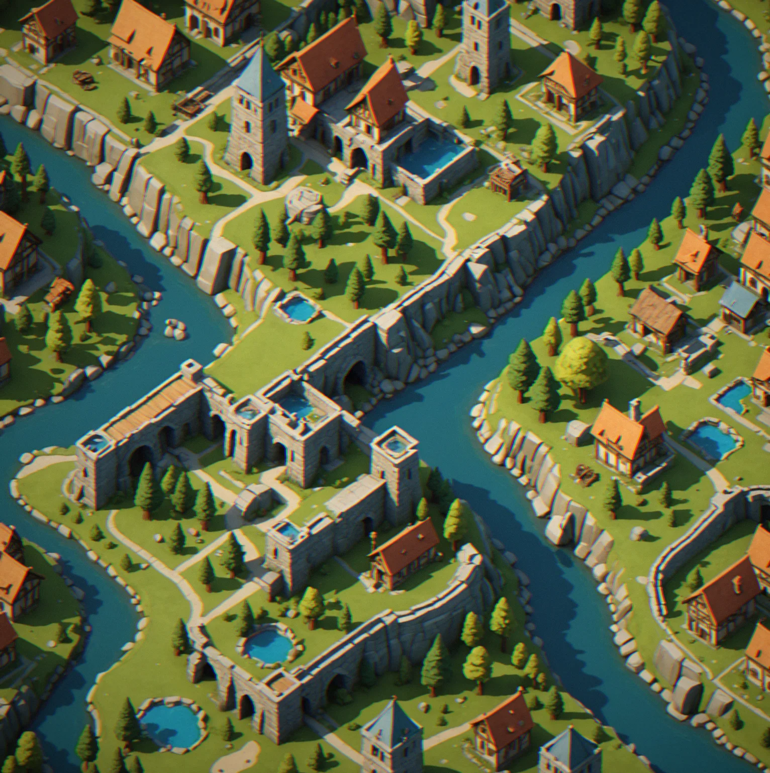 Isometric map view showing rolling terrain, winding river, forest patches, and deliberately placed commission slots respecting natural geography