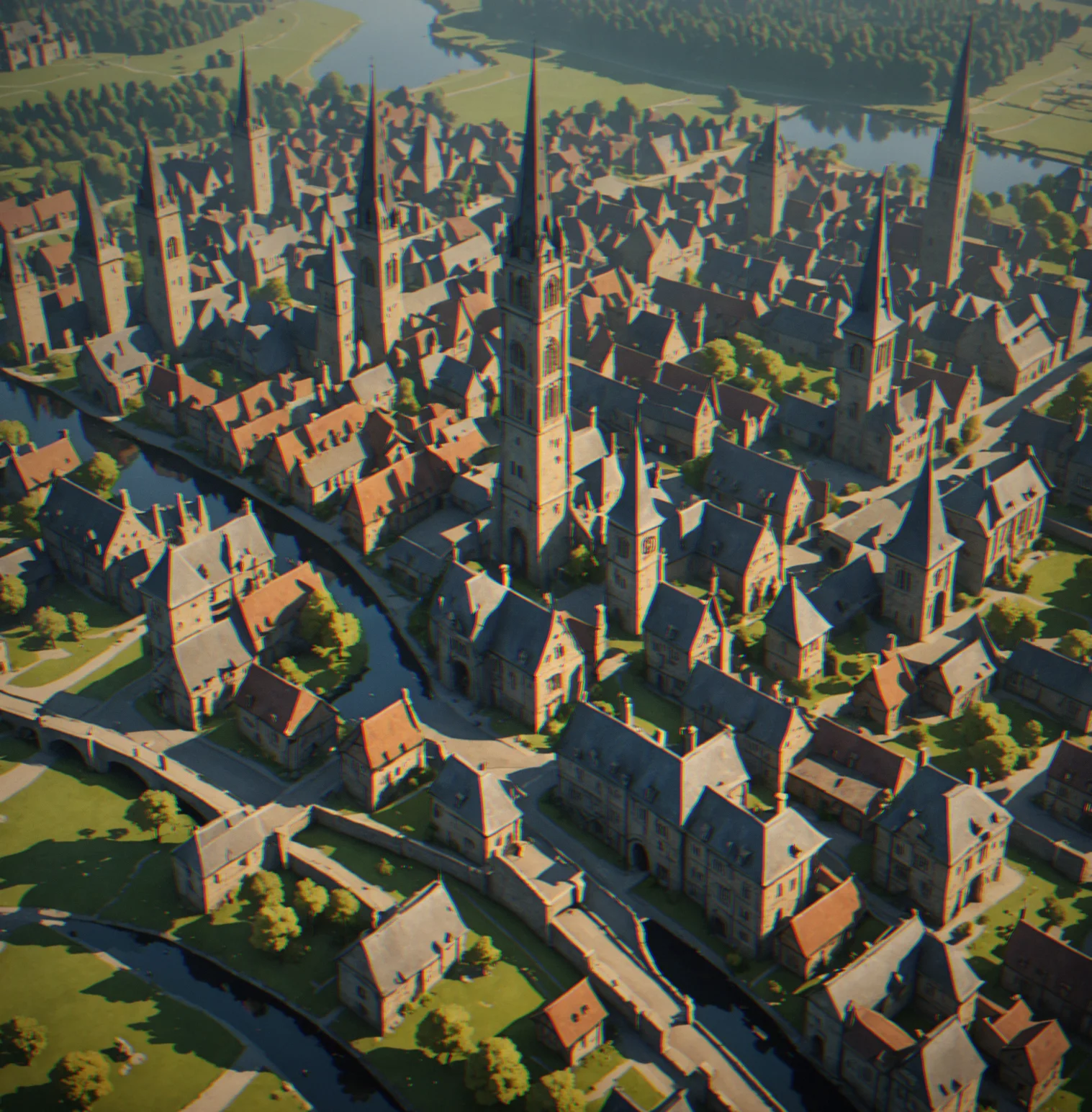 Timeline visualization spanning 100+ years with same city district transforming: year 1 empty meadow, year 30 timber cottages, year 60 stone buildings, year 100 modern towers