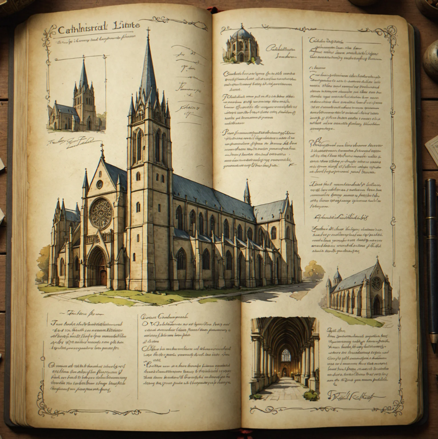 Aged parchment journal entry with hand-drawn sketches of commissioned cathedral, written narrative praising its architecture, dated and signed by an in-game architect