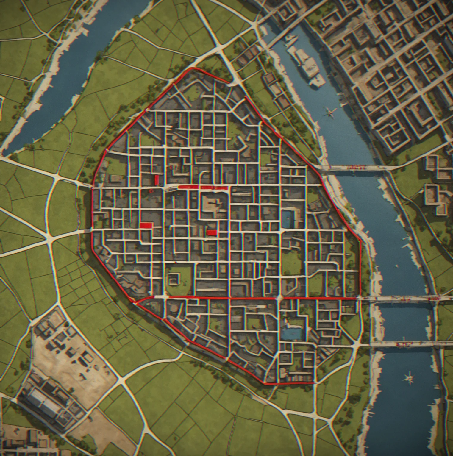 Medieval district planning map showing available stone resource deposits, worker quarters and constraint zones marked in red where certain commissions can't be placed
