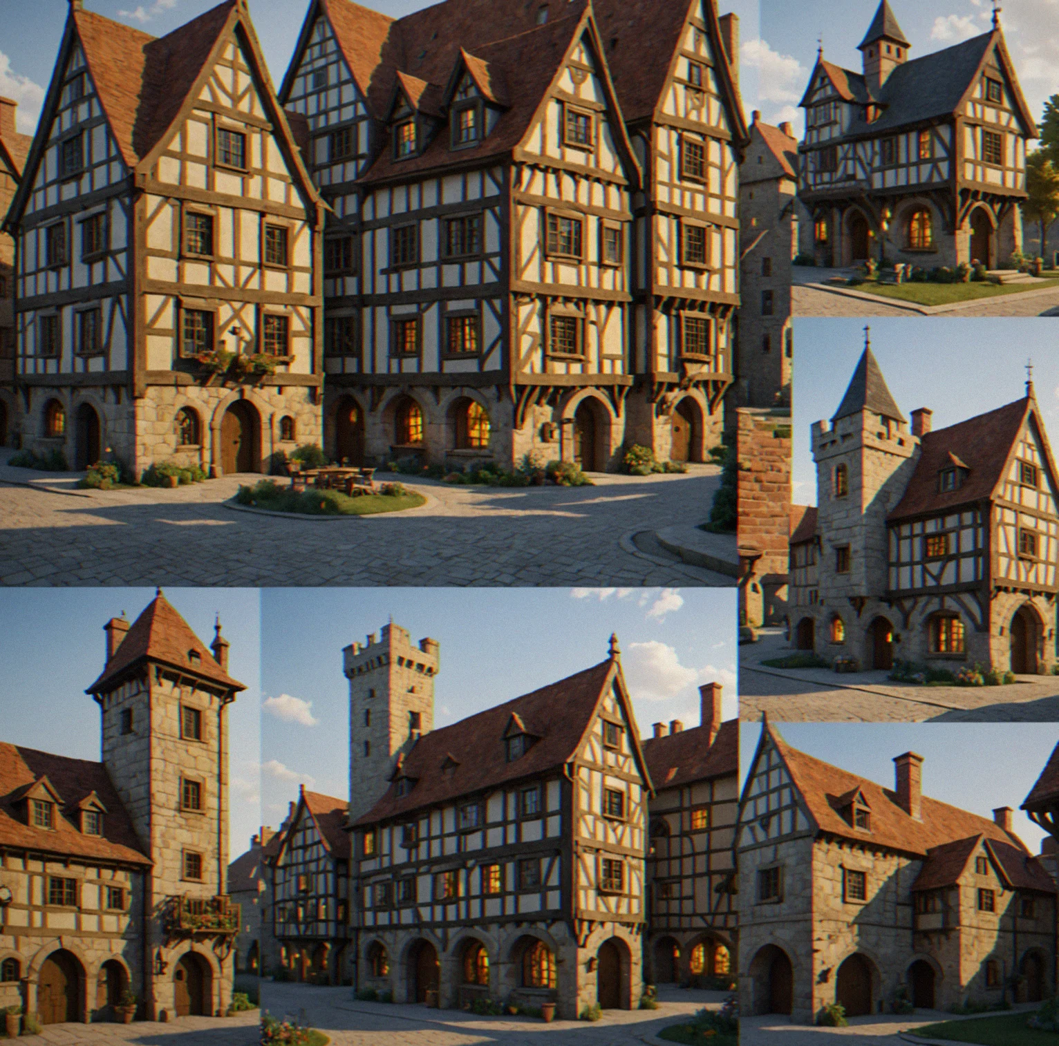 Four architectural styles arranged left to right: timber-frame medieval cottage, ornate renaissance palazzo, brick industrial warehouse, steel and glass modern office tower