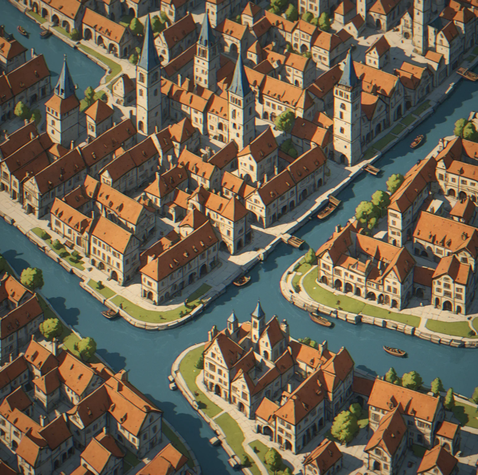 A hand-drawn map showing a city across four historical eras, with medieval timber buildings transitioning to renaissance stone structures, industrial factories and modern glass towers clustered around a persistent town square