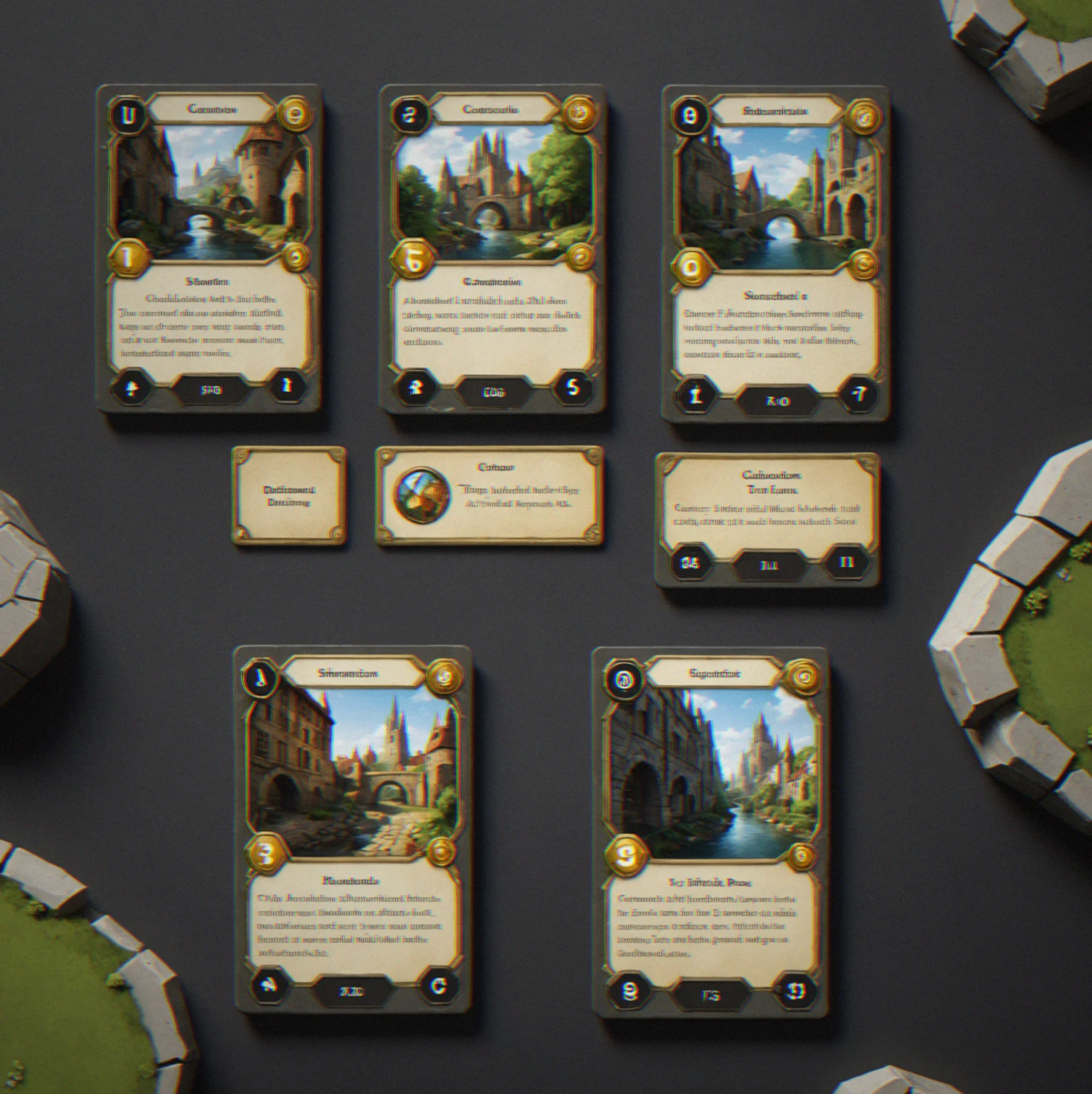 A UI mockup showing three commission cards fanned out: a stone bridge, a mill, and a cathedral, each with resource cost, duration and impact zone clearly labeled