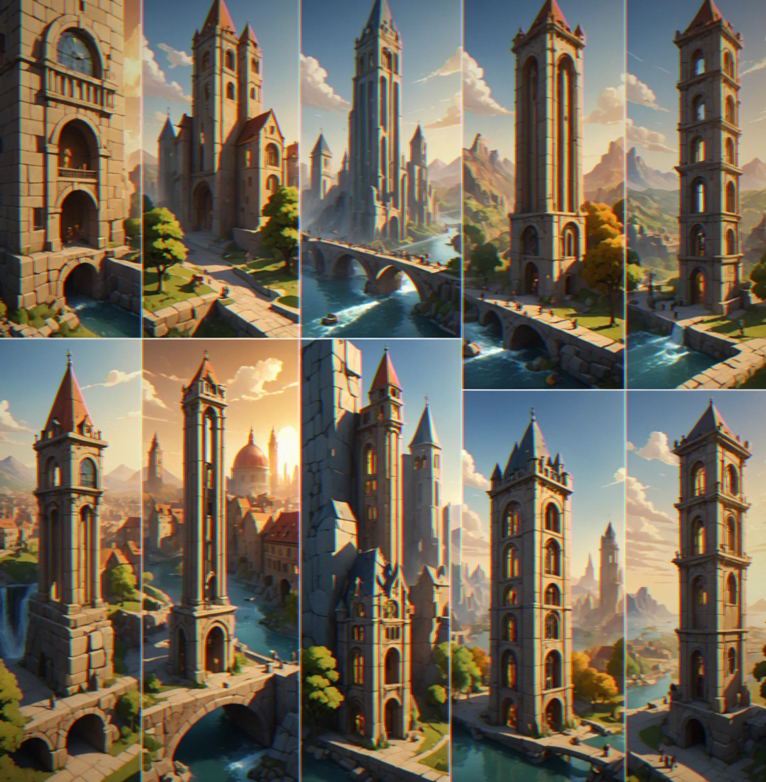 Four vertical columns representing eras, each showing available materials, build speed multipliers and pollution/side-effect ranges with icons and percentage values