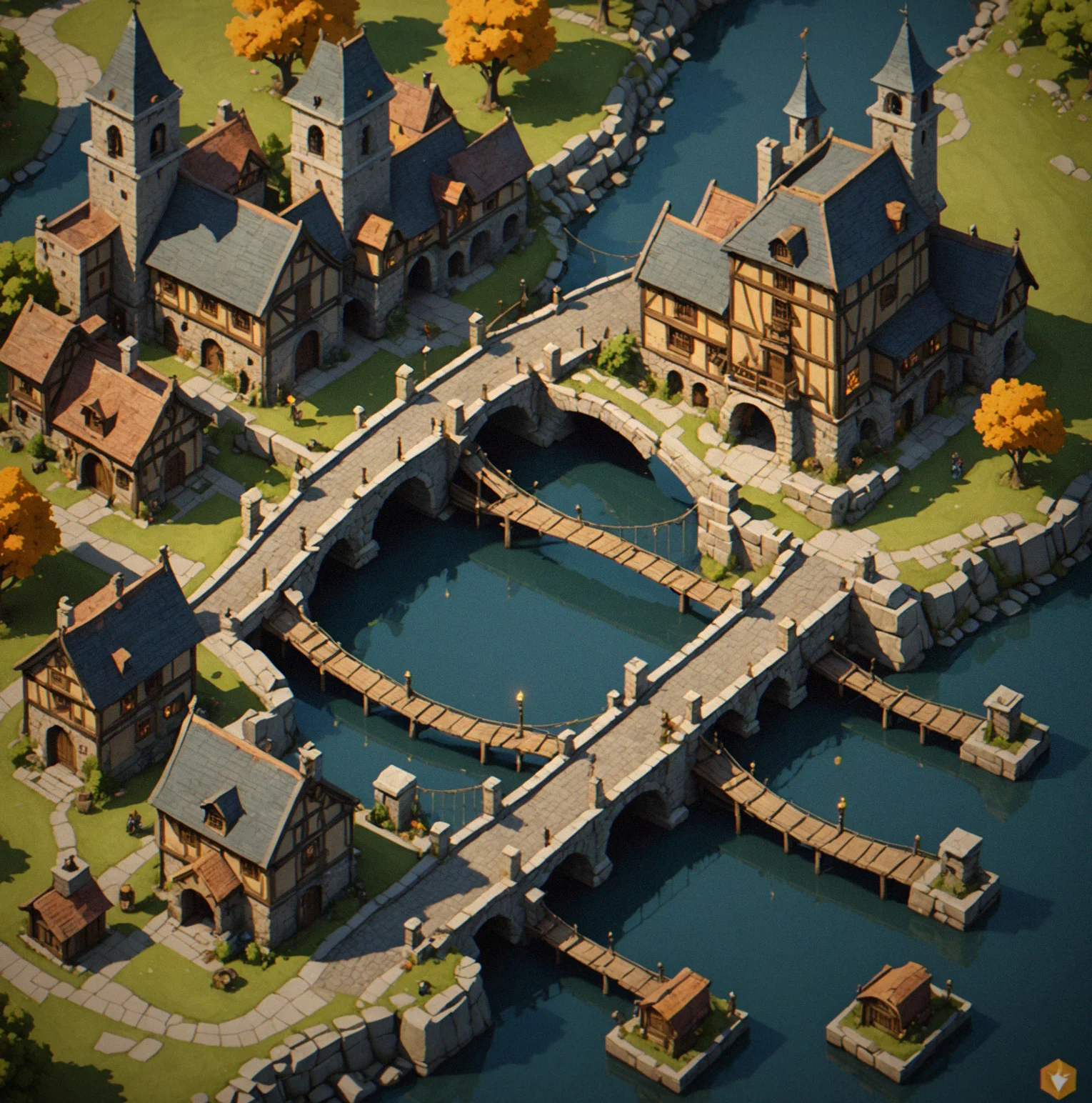 A branching network diagram showing a stone bridge leading to increased trade, which unlocks three new commission options: a warehouse, a tavern, and a toll booth