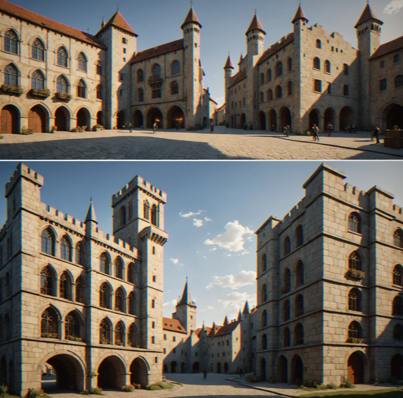 Four vertical bars showing build duration comparison across eras: medieval stone at 14 weeks, renaissance marble at 11 weeks, industrial iron at 6 weeks, modern concrete at 3 weeks