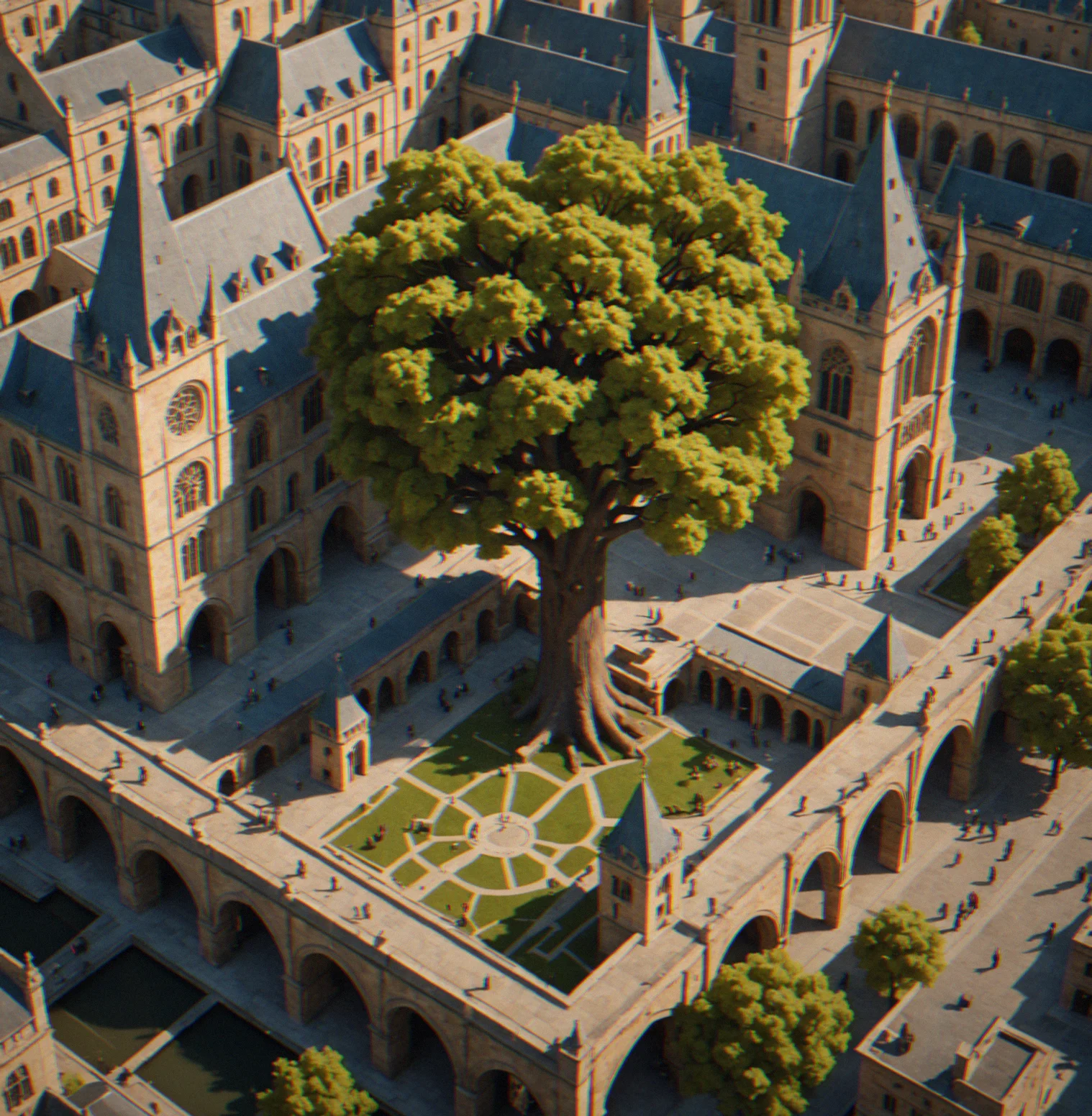 A branching tree diahram showing market hall unlocking merchant routes, which unlock cathedral, which unlock library and university commissions downstream