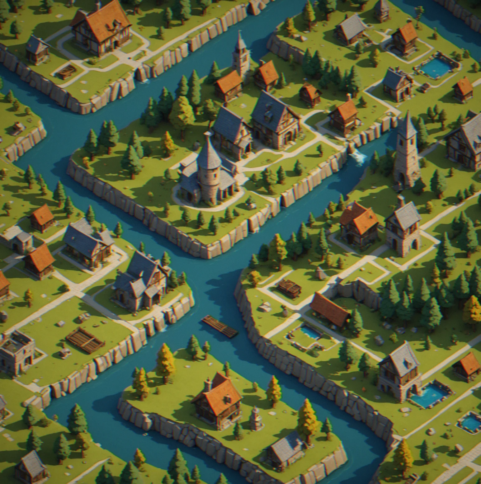 An isometric view of a game map showing varied terrain: river valley, forest patches, rolling hills, with commission slot markers placed intentionally throughout
