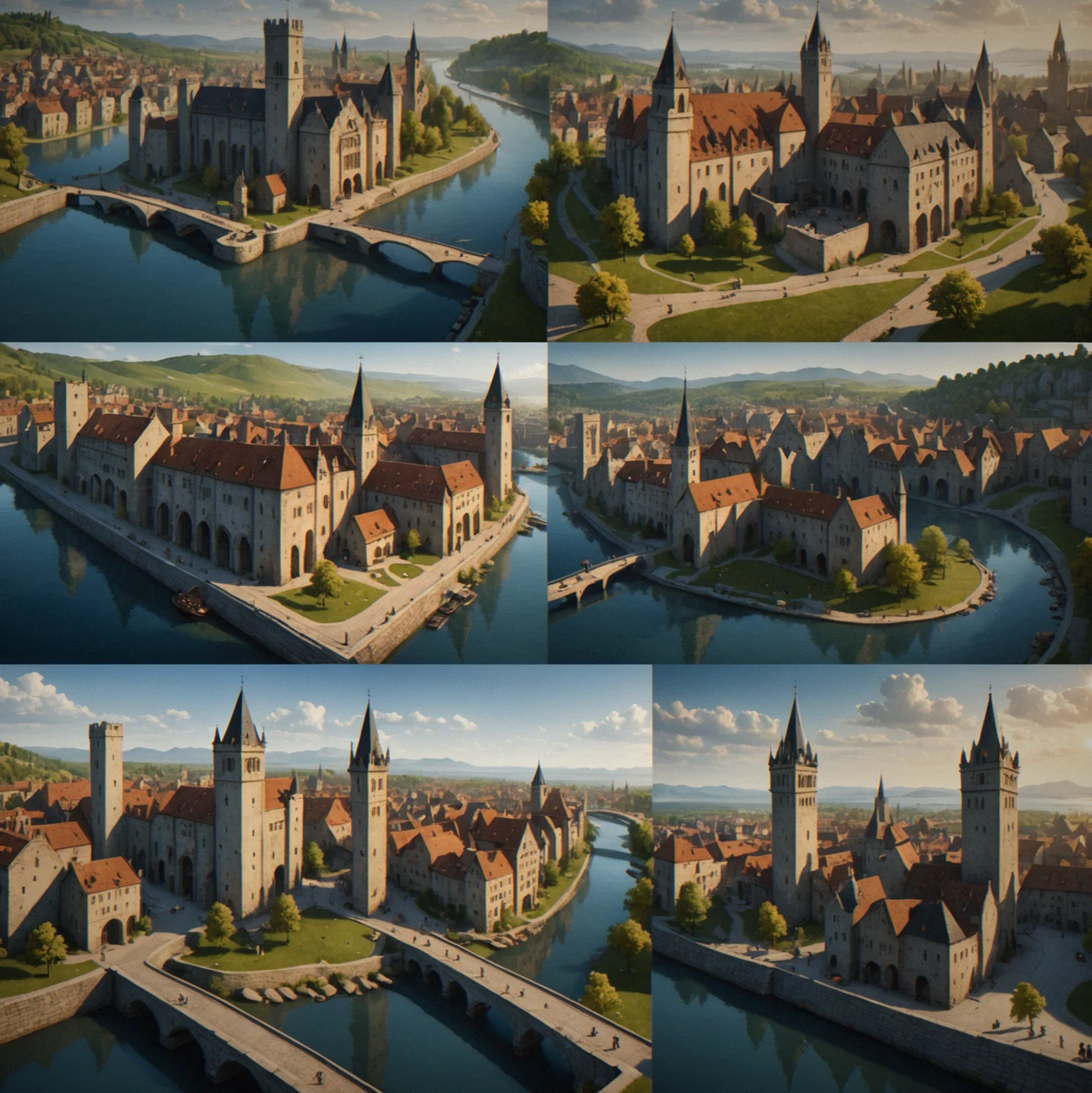 Four district snapshots showing the same geography transformed: medieval walls and timber, renaissance plazas and marble, industrial factories and smoke, modern towers and highways