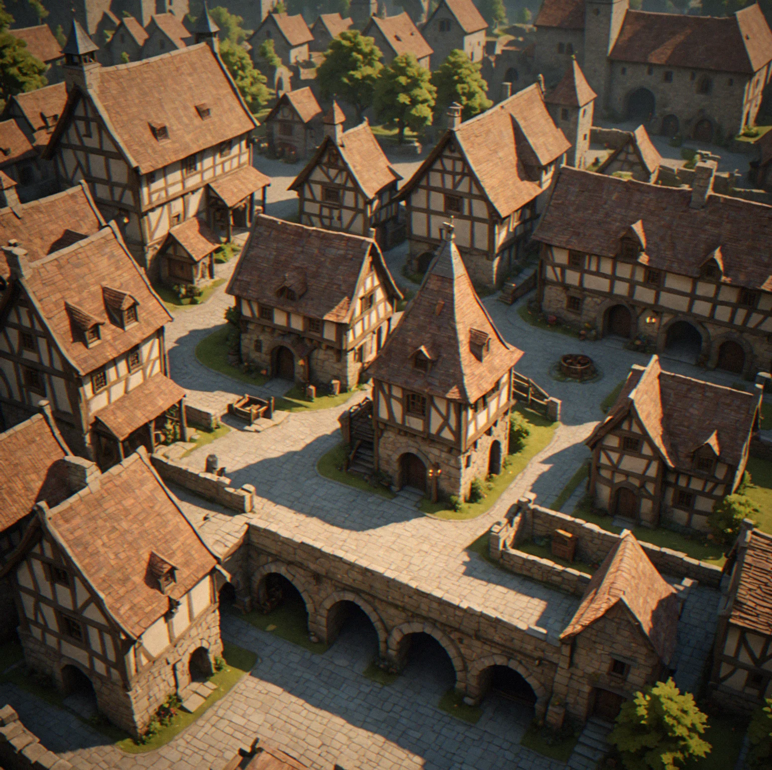 A medieval settlement with timber-frame houses, a stone church, and wooden palisade walls surrounding a central dirt courtyard