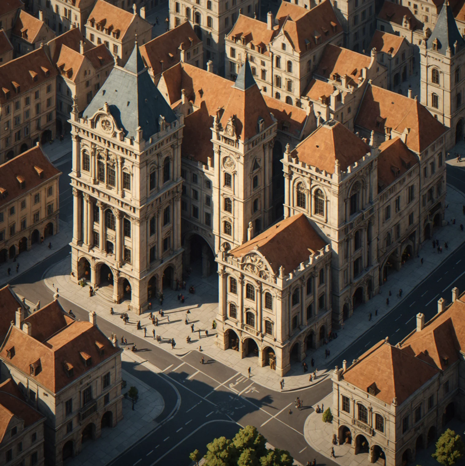 A city district transformed with ornate stone facades, marble-columned piazzas, and symmetrical stredt layouts replacing the medieval organic sprawl