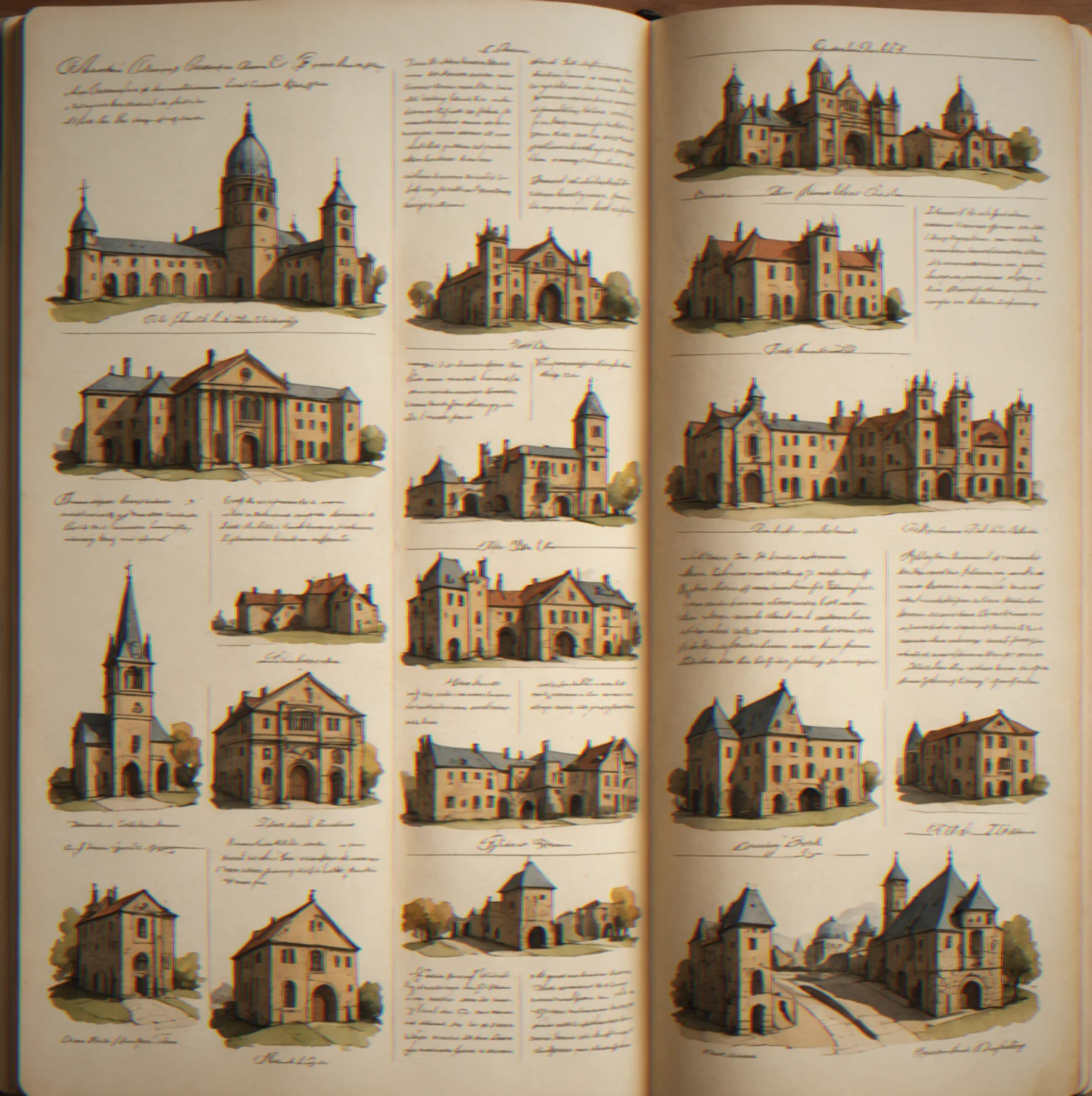 A parchment-style journal page with handwritten names of commissioned buildings and dates, illustrated with small sketches of each structure