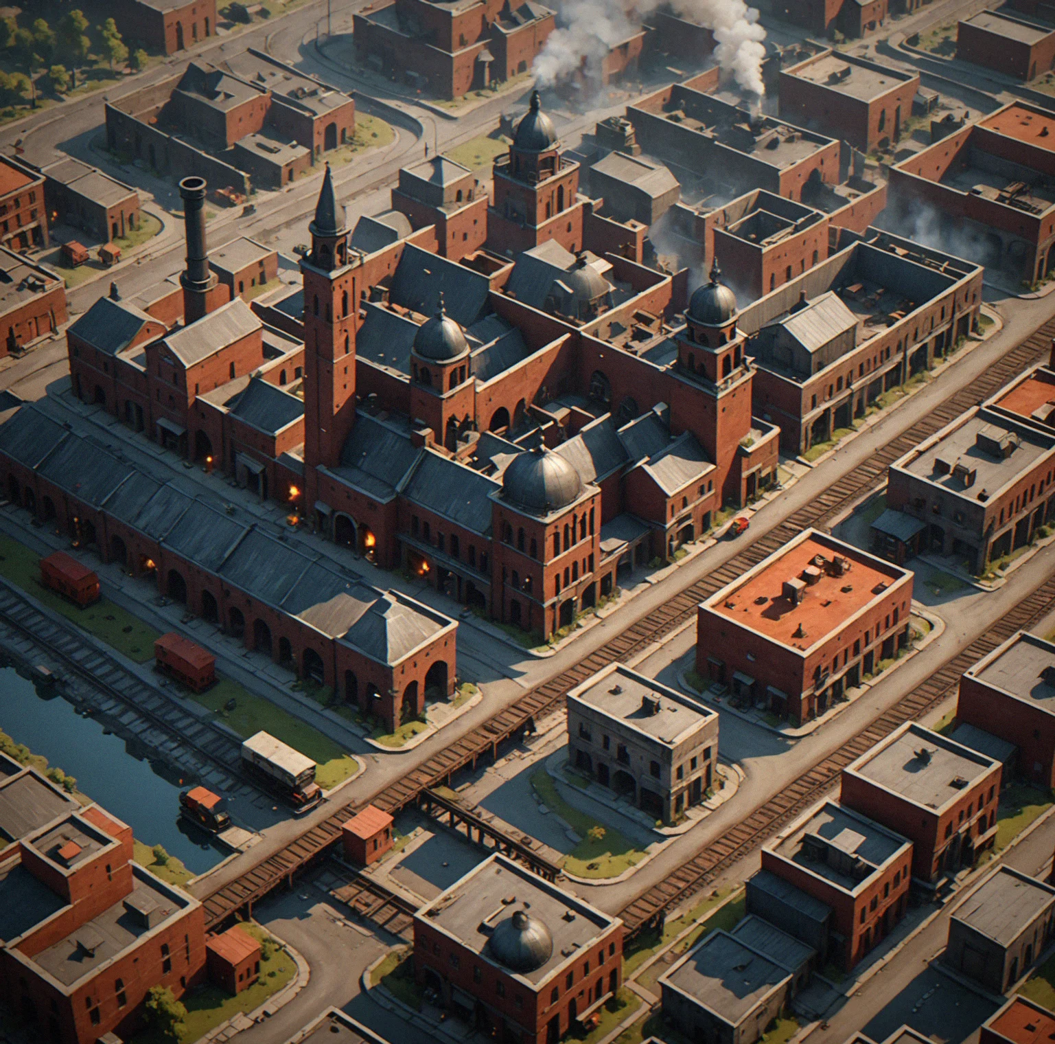 A dense industrial quarter with brick factories belching smoke, railway tracks cutting through districts and pollution radius zones marked in red around facilities