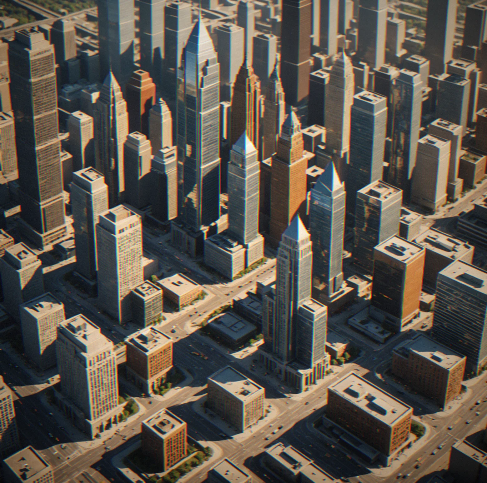 A modern skyline with gleaming skyscrapers clustered densely, surrounded by highways, parking structures, and public transit hubs interconnecting tall districts