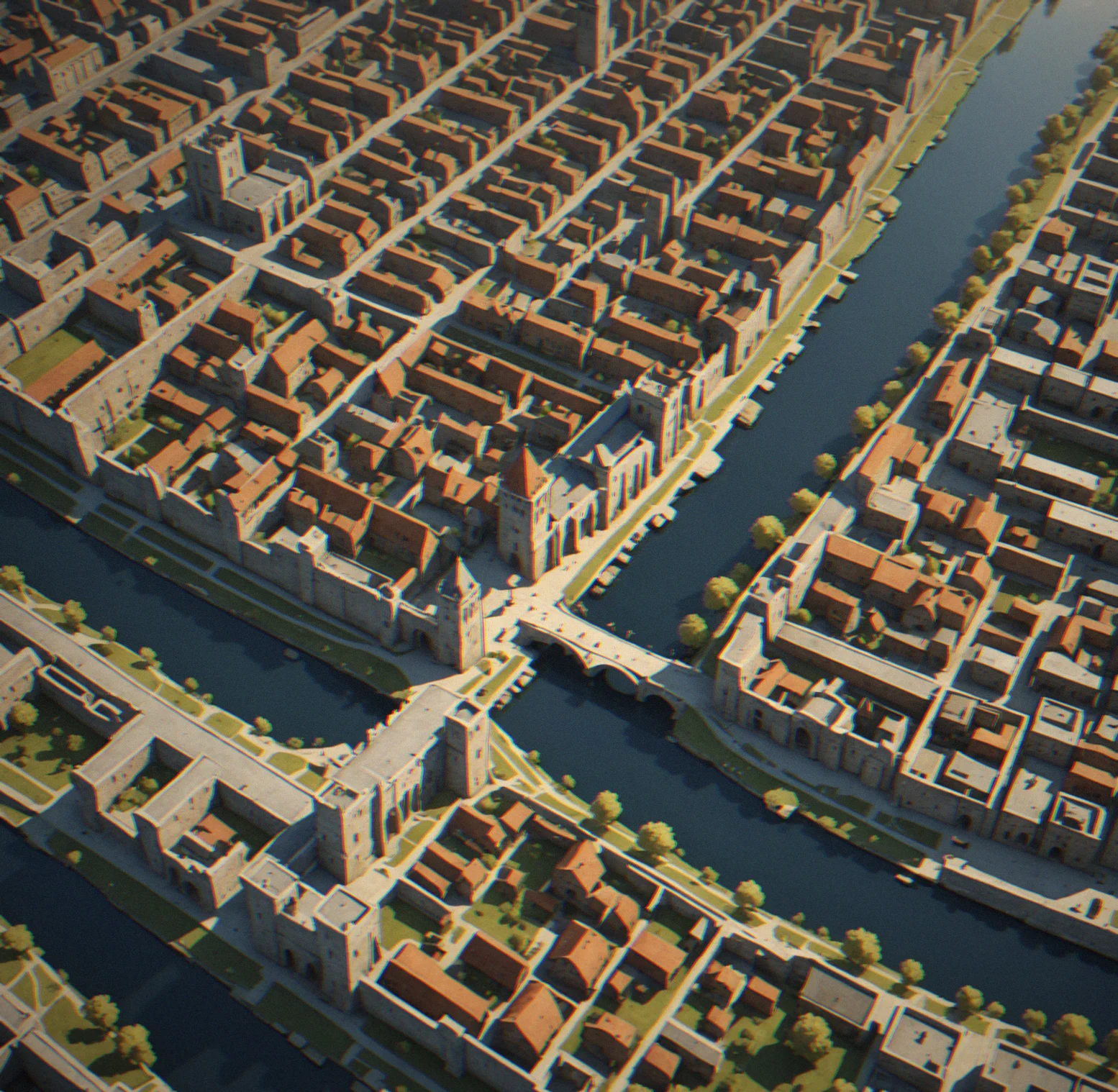 A fully-developed city map from above with only 3 remaining empty commission slots highlighted, surrounded by completed medieval through modern structures