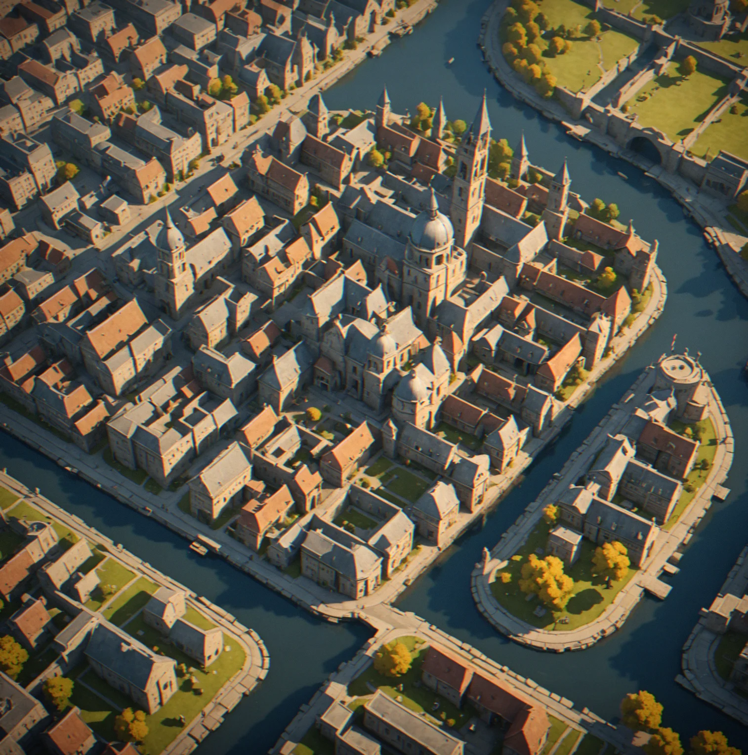 A final aerial view of a complete city spanning all four historical eras, with a single date marker showing 'Year 107' in the corner