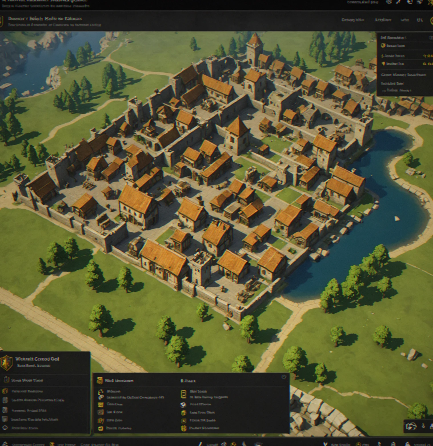 A medieval marketplace commission UI showing resource costs (timber, stone, gold), build duration (14 weeks), and impact zones marked on the map below