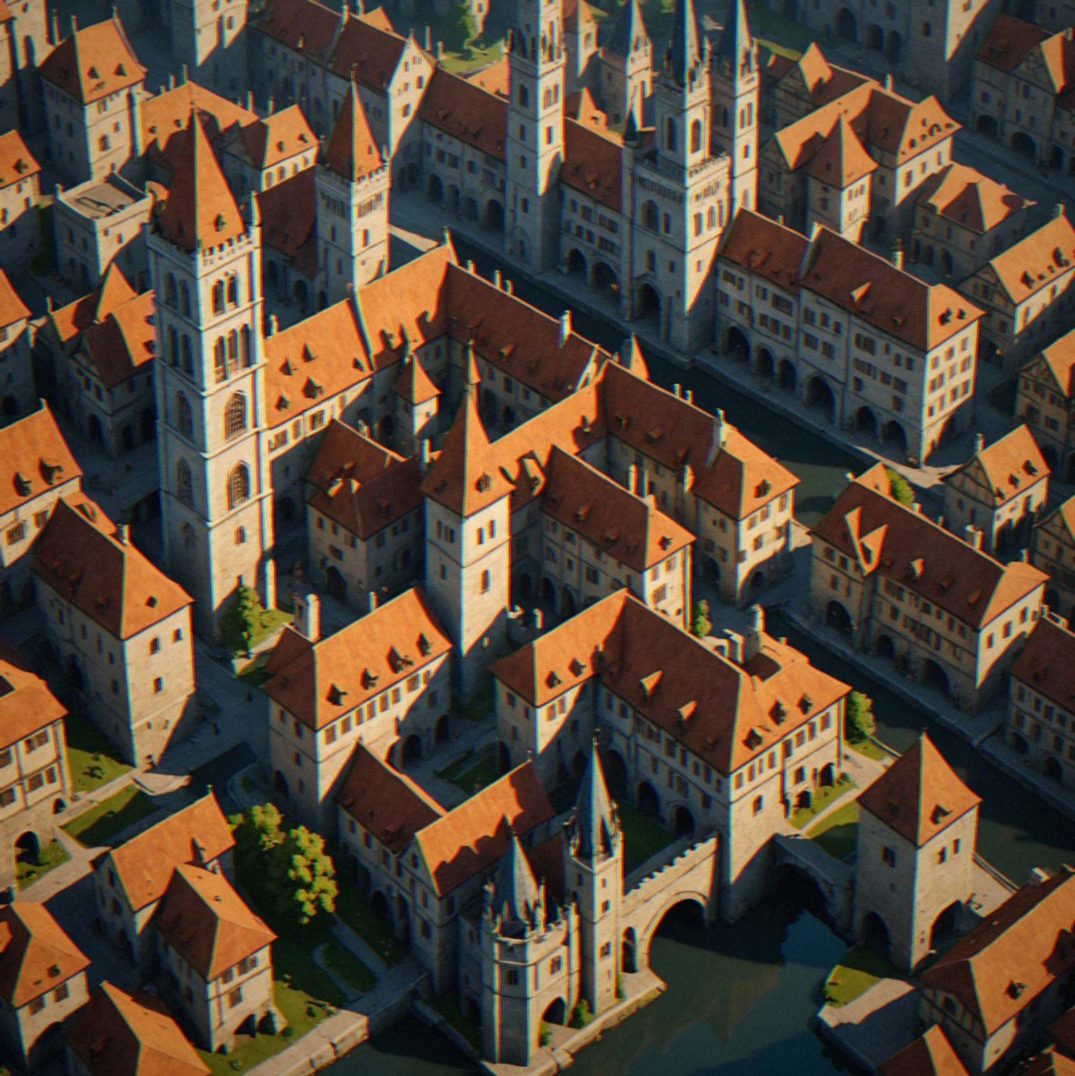 A city district transformed across three eras: medieval timber walls, renaissance marble facades, then modern glass towers all occupying the same geography
